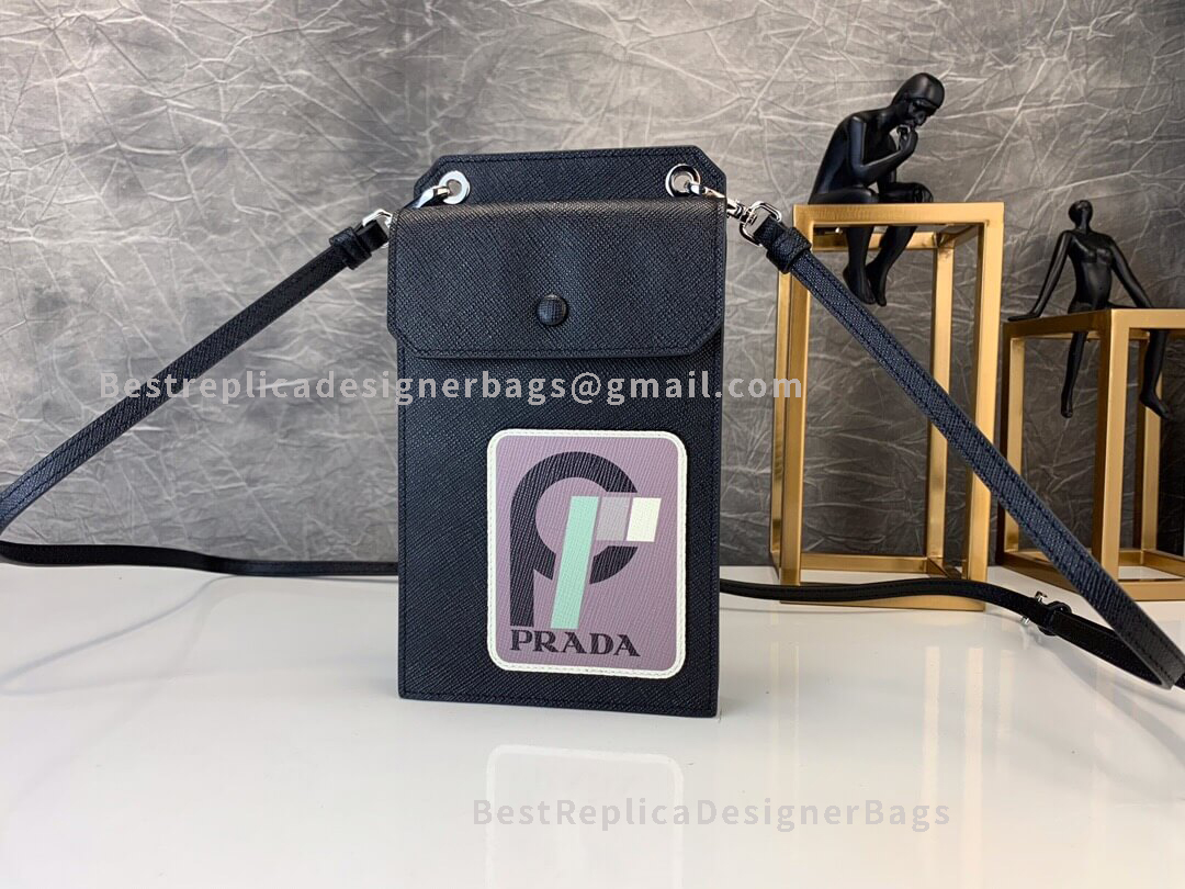 Prada Black And Purple Saffiano Leather Mobile Phone Case With Shoulder Strap SHW 068